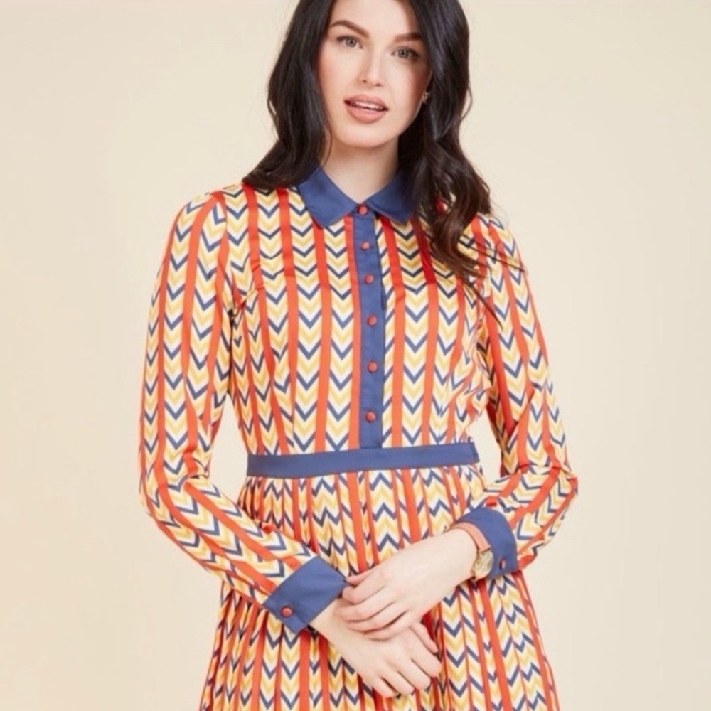 NWOT MODCLOTH Chevron Stripe Just My Typist  Long Sleeve Pleated Lined Dress M